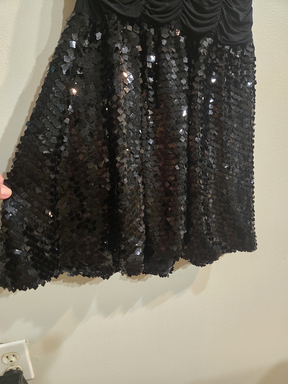 Bebe Black Strapless Ruched Bodice Sequin Skirt Dress Sz Medium - Picture 5 of 8
